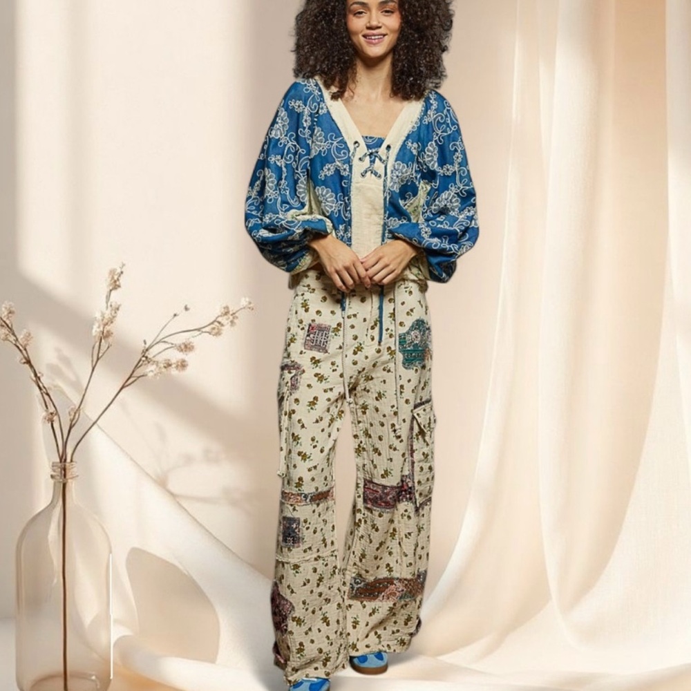 LAST ONE POL Denim & Cream Woven Floral Boho Top with Ruffle Hem - Picture 7 of 8